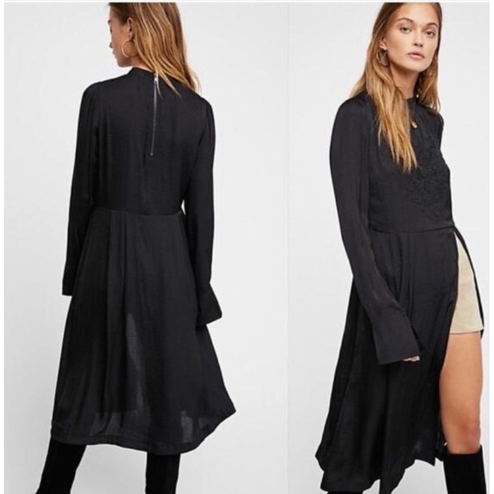 Free People New Day Tunic Small Black Whimsigoth Goth Boho Embroidered Mock Neck